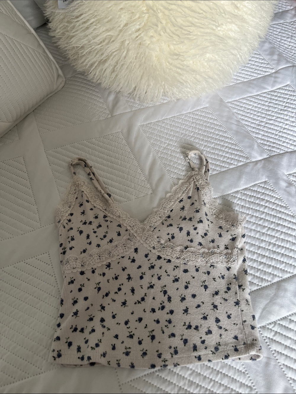Garage White Ribbed Lace-Trim Cami with blue Floral Print